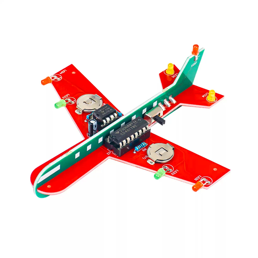Kit electrónico DIY: Lámpara de flujo de avión pequeño intermitente CD4017 LED. Diversión científica con componentes electrónicos y práctica de soldadura y ensamblaje.