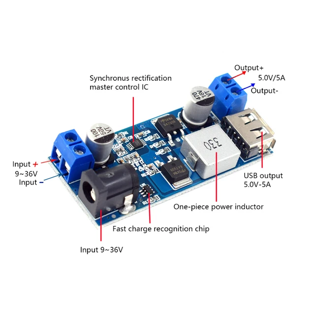 DC-DC 24V/12V To 5V 5A Step Down Power Supply Buck Converter Replace LM2596S Adjustable USB Step-down Charging Module For Phone - 画像 (3)