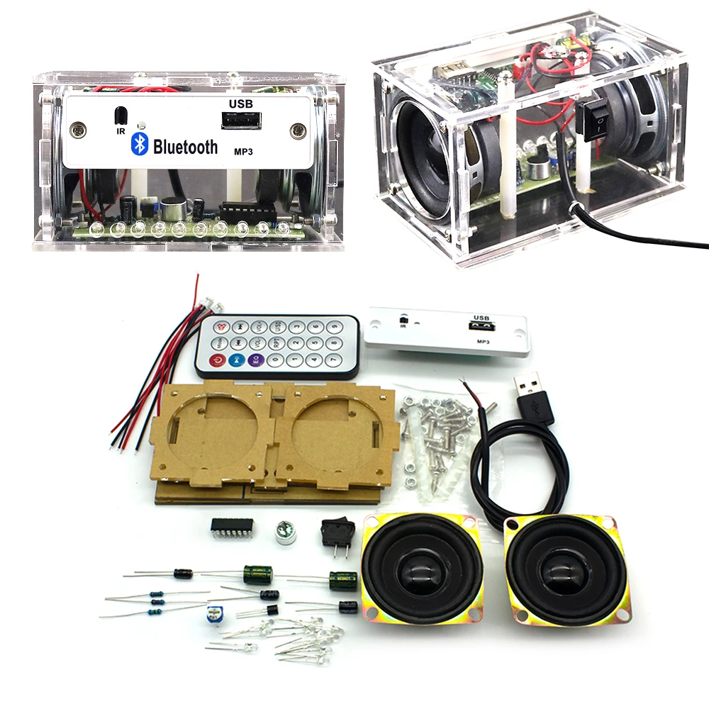 Kit electrónico blanco para armar un altavoz Bluetooth. Kit de proyecto de soldadura electrónica para armar. Práctica de enseñanza. Altavoz estéreo Bluetooth.