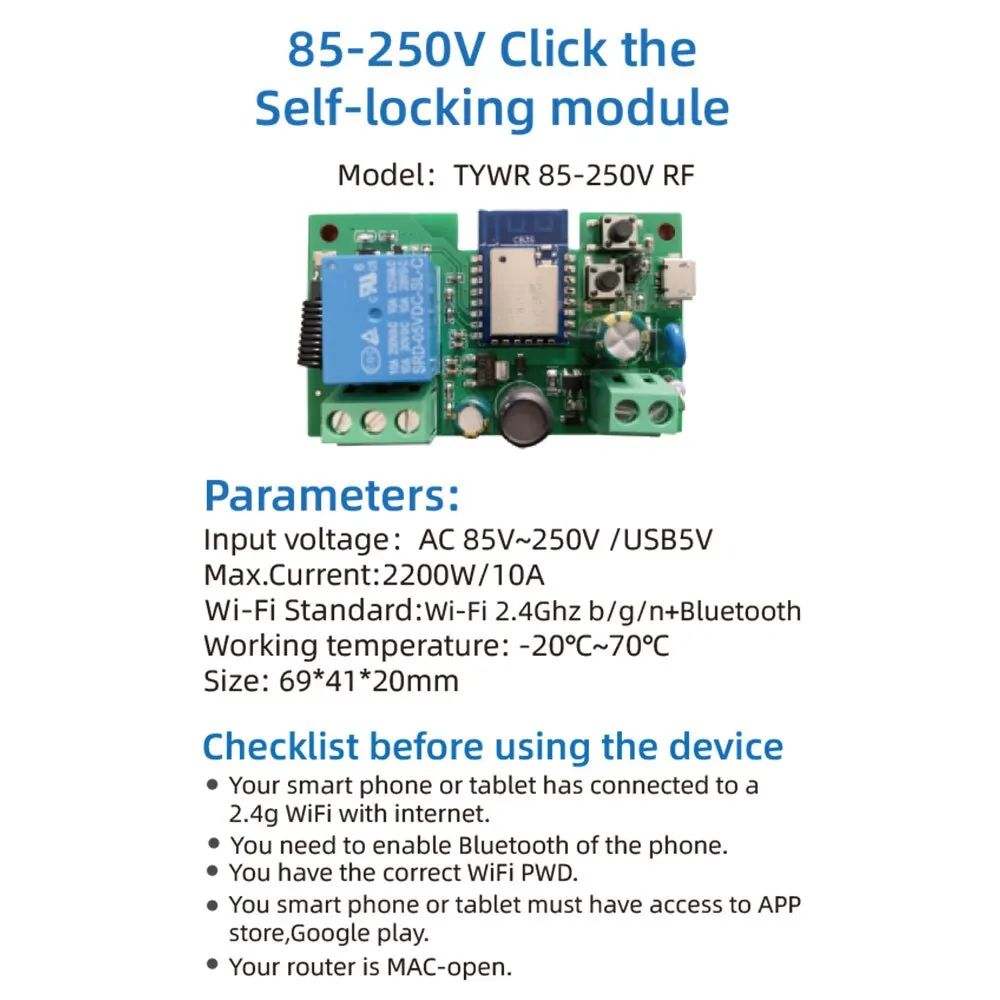 1CH Tuya Smart Remote Control Wireless Wifi Switch Module DC7-32V AC85-250V 2200W RF Receiver 10A WiFi Relay DIY - 画像 (5)
