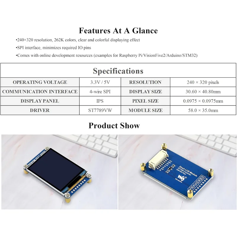 Waveshare 2inch 240x320 IPS LCD Module Mini LCD Screen ST7789VW Driver SPI Interface Compatible with Raspberry Pi/Ardu-ino/STM32 - Imagen 3