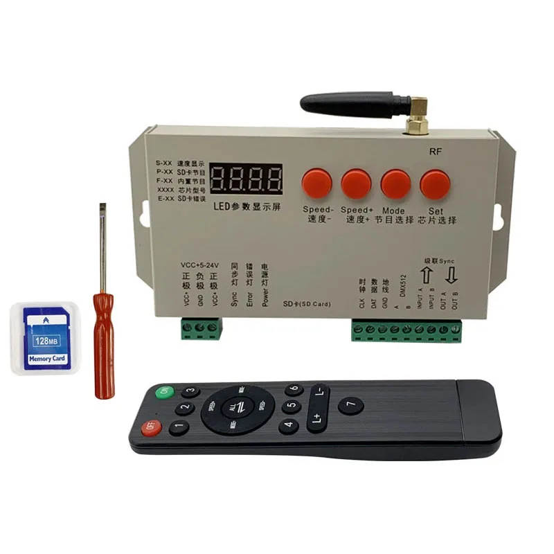 Controlador LED inalámbrico RF K1000S + control remoto RF, cambio de color completo con efectos de persecución y flujo, entrada de CC amplia de 5-24 V