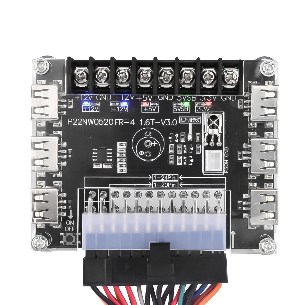 Placa adaptadora de fuente de alimentación ATX de 24 pines y kit de carcasa acrílica, módulo adaptador de conector de alimentación compatible con 12V -12V 5V 5VSB 3.3V