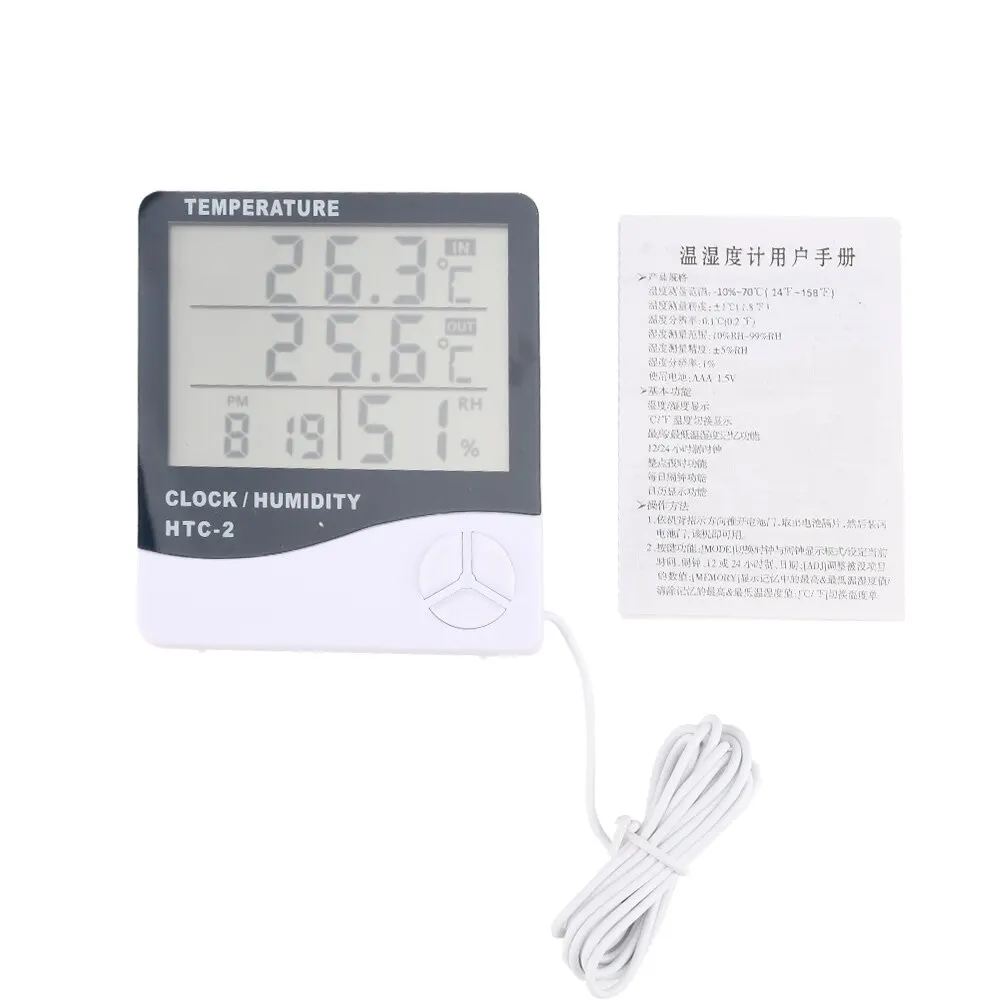LCD Digital Temperature Humidity Meter HTC-2 Home Indoor Outdoor Hygrometer Thermometer Weather Station with Clock - Imagen 5