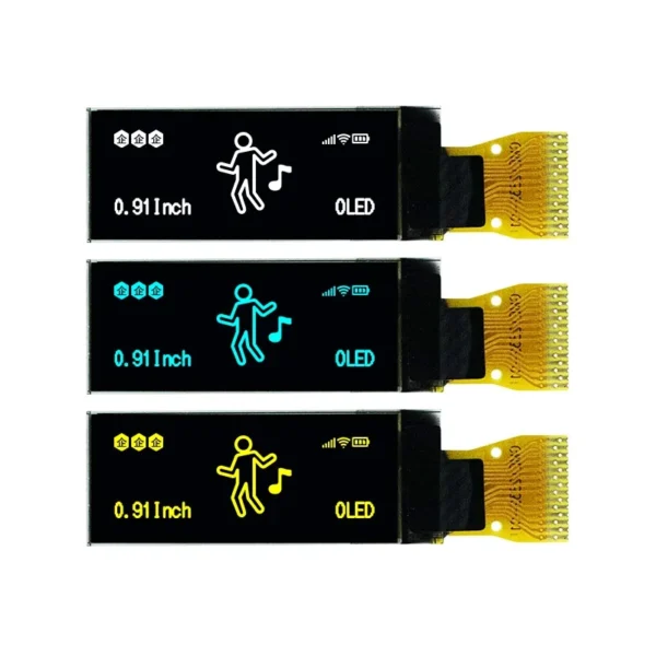 0.91-inch OLED Display Module - SSD1306 Driver, 128x32 Resolution, Monochrome (White/Blue/Yellow), I2C Interface, Bare Panel