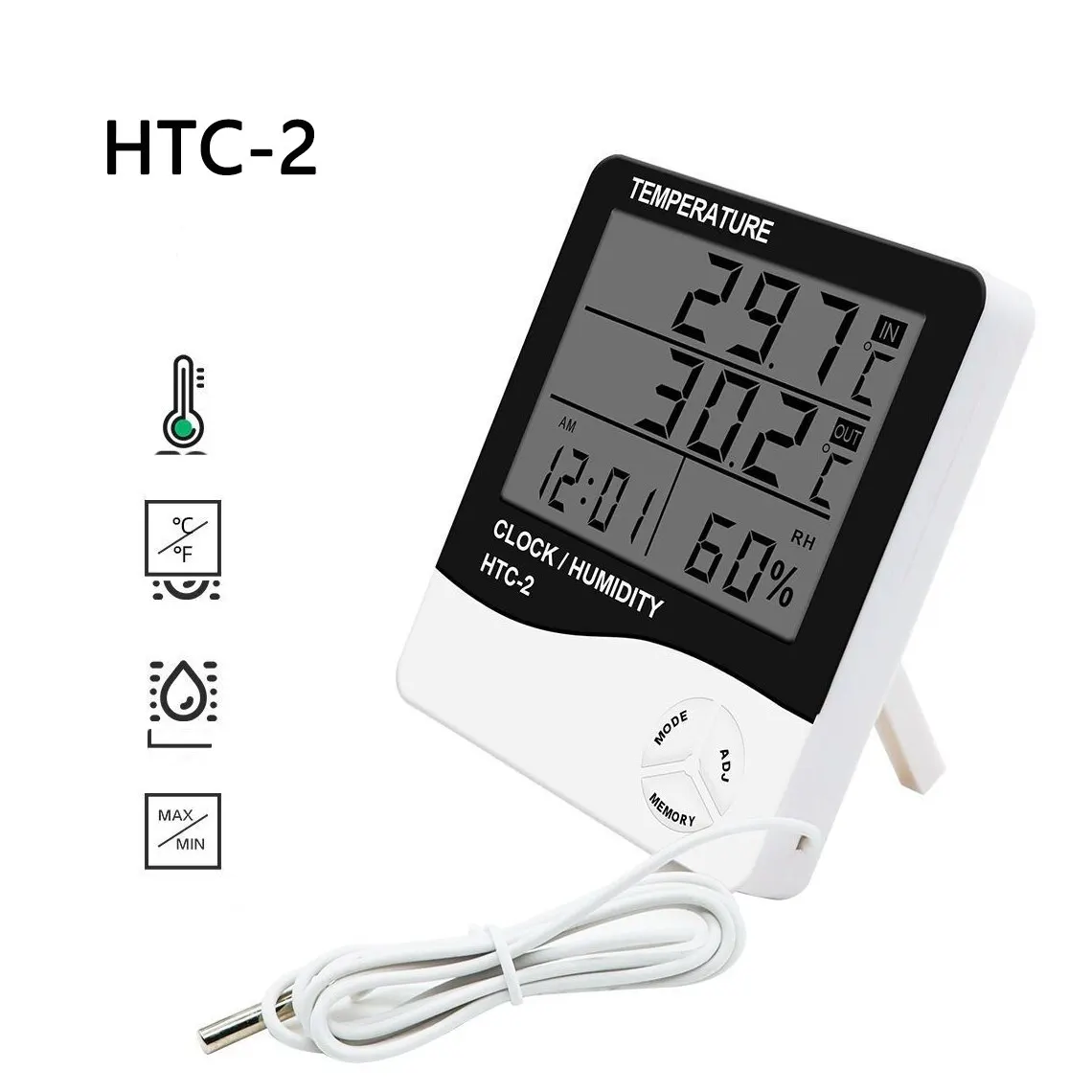 Medidor digital de temperatura y humedad LCD HTC-2 para el hogar, higrómetro para interiores y exteriores, estación meteorológica con reloj