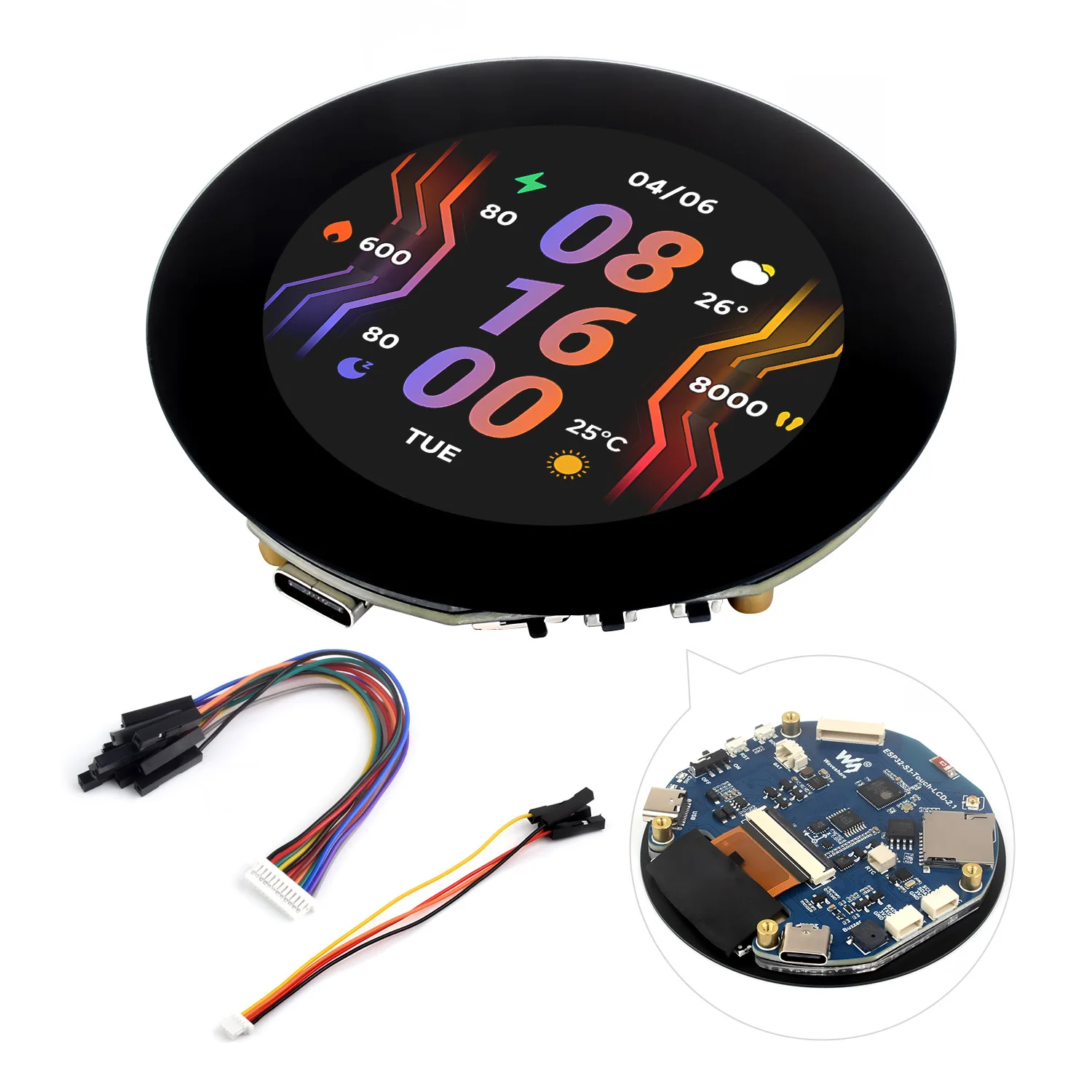 Waveshare ESP32-S3 2.1インチ静電容量式タッチパネル円形ディスプレイ開発ボード、480×480、IPS、32ビットLX7デュアルコアプロセッサ