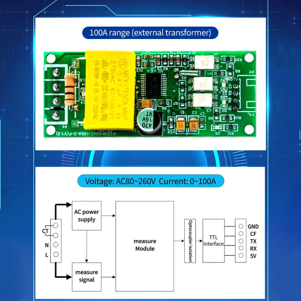 PZEM-004T 100A AC 80-260V Digital Voltmeter Ammeter Wattmeter Digital Multifunctional Test Pulse Communication TTL Serial Module - Imagen 4