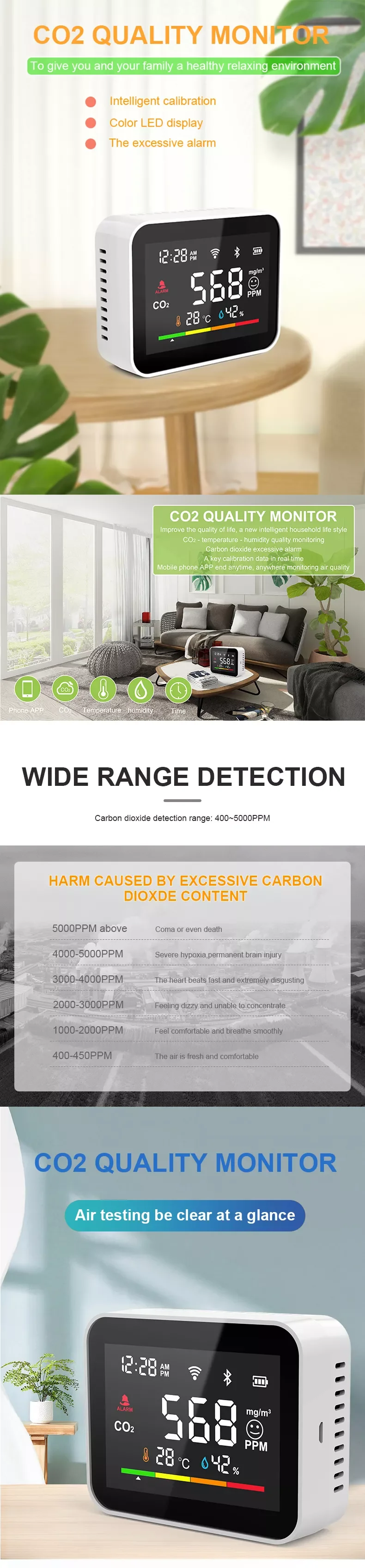 Carbon Dioxide Detector Air Monitor Multifunctional LED Digital Temperature and Humidity Tester Smart Home Measuring Tool — reference image 2