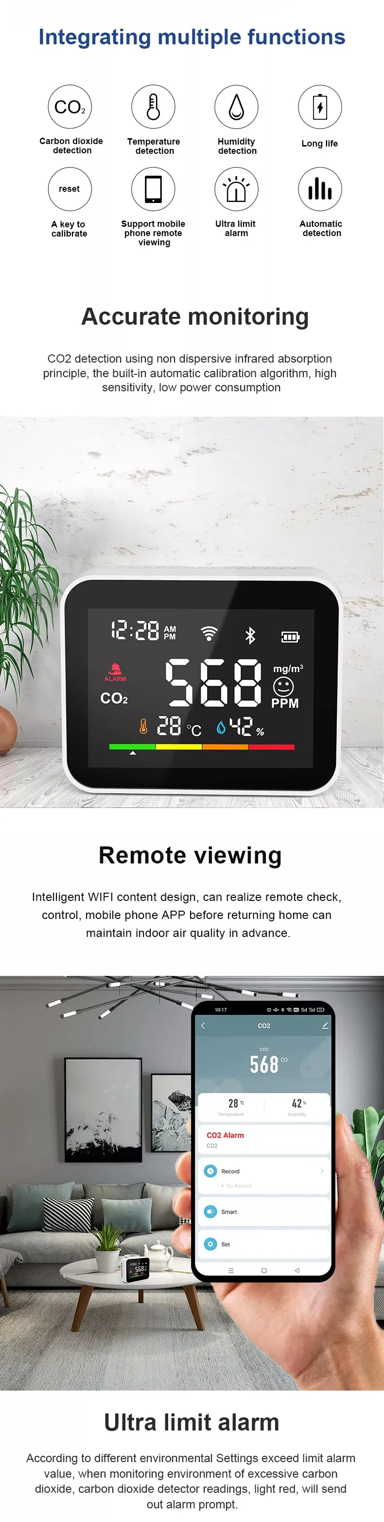 Carbon Dioxide Detector Air Monitor Multifunctional LED Digital Temperature and Humidity Tester Smart Home Measuring Tool — reference image 4