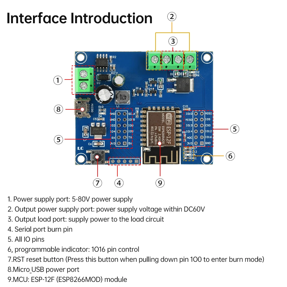 DC 5-80V ESP8266 WIFI Single Relay MOS Switch Control Module ESP-12F Development Board Micro USB Interface — reference image 2