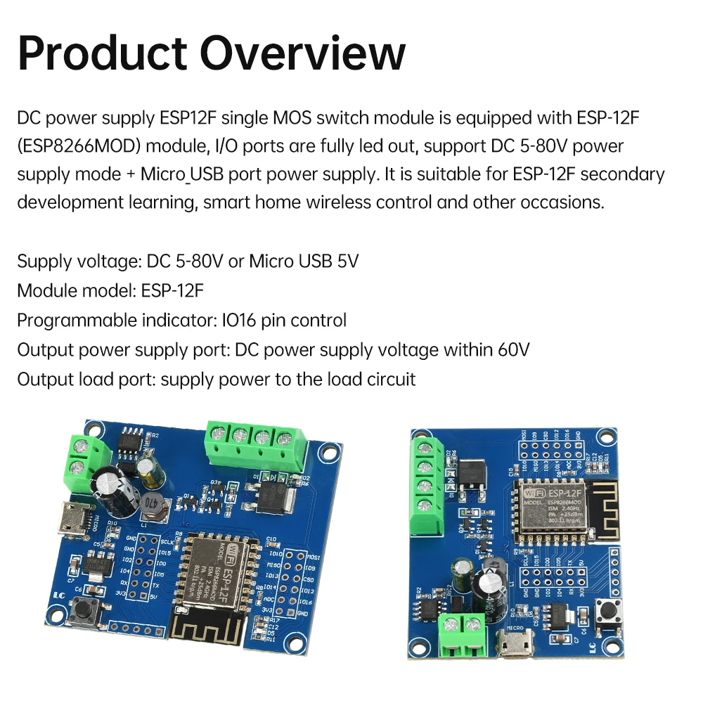 DC 5-80V ESP8266 WIFI Single Relay MOS Switch Control Module ESP-12F Development Board Micro USB Interface — reference image 4