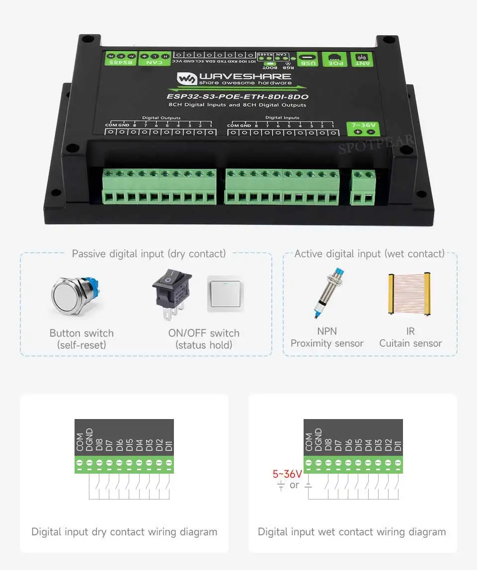 ESP32-S3 Industrial Control Board 8-Channel Controller with WiFi Bluetooth CAN IoT RS485 and RJ45 ETH interfaces POE — reference image 3