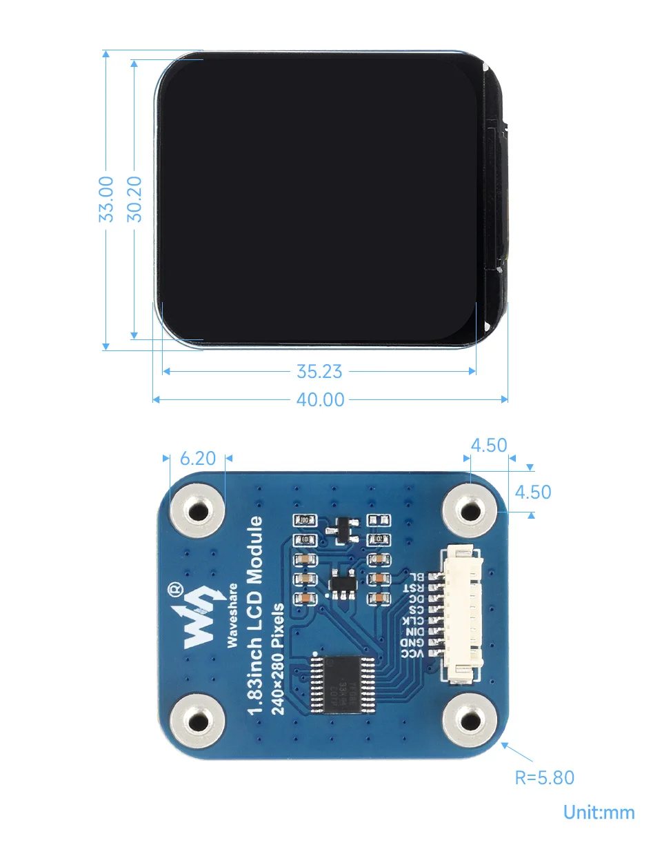 Waveshare 1.83inch IPS LCD Display Module 240×280 Resolution SPI 65K Colors for Arduino / Raspberry Pi / STM32 / ESP32 — reference image 6