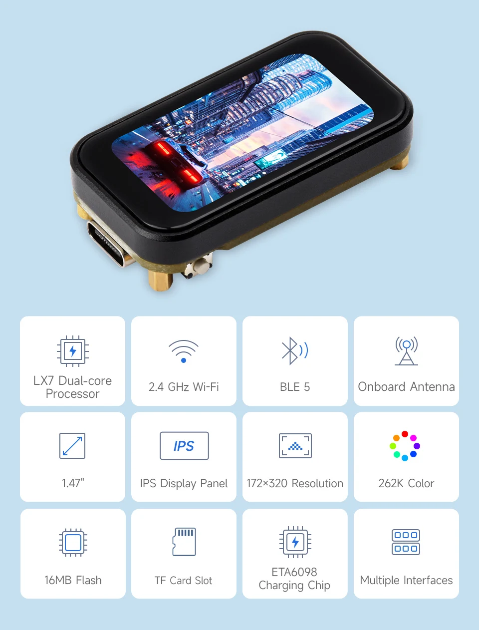 Waveshare ESP32-S3 1.47inch LCD Touch Screen IPS 1.47 inch Display Development Board 172×320 SD AXS5106L JD9853 — reference image 1