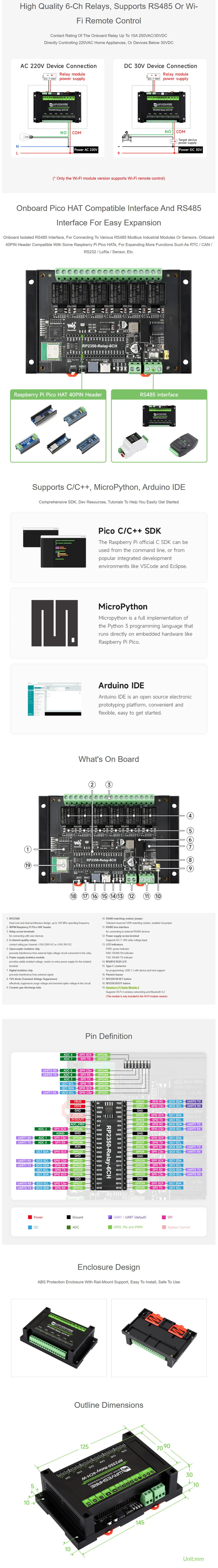 Waveshare Industrial 6-Channel RP2350 Relay Module, With Multiple Isolation Protection Circuits Onboard RS485/Pico HAT interface — reference image 3