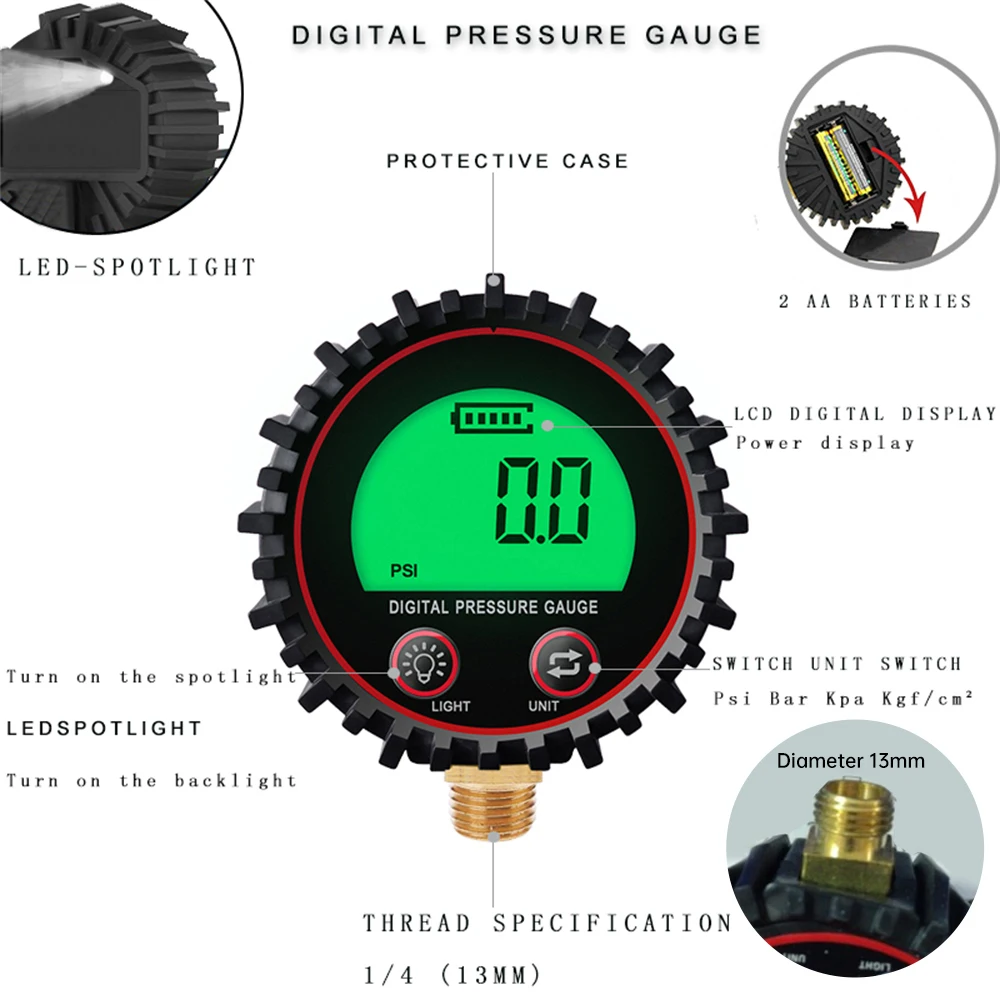 M11 1/4 1/8 Digital Car Tire Air Pressure Inflator Gauge LCD Display LED Backlight Vehicle Tester Inflation Monitoring - Imagen 4