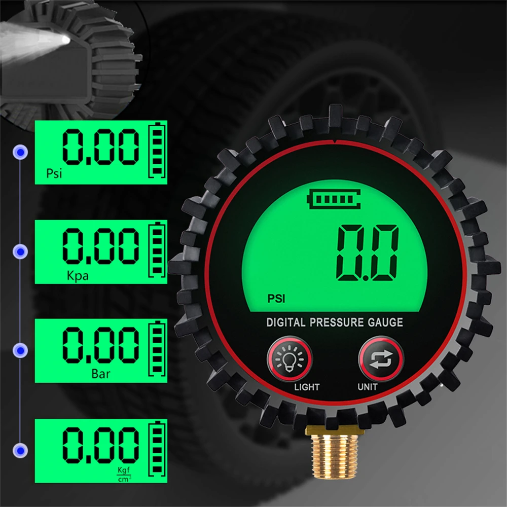 Manómetro digital de presión de aire para neumáticos de coche M11 1/4 1/8 con pantalla LCD retroiluminada por LED y monitor de inflado.