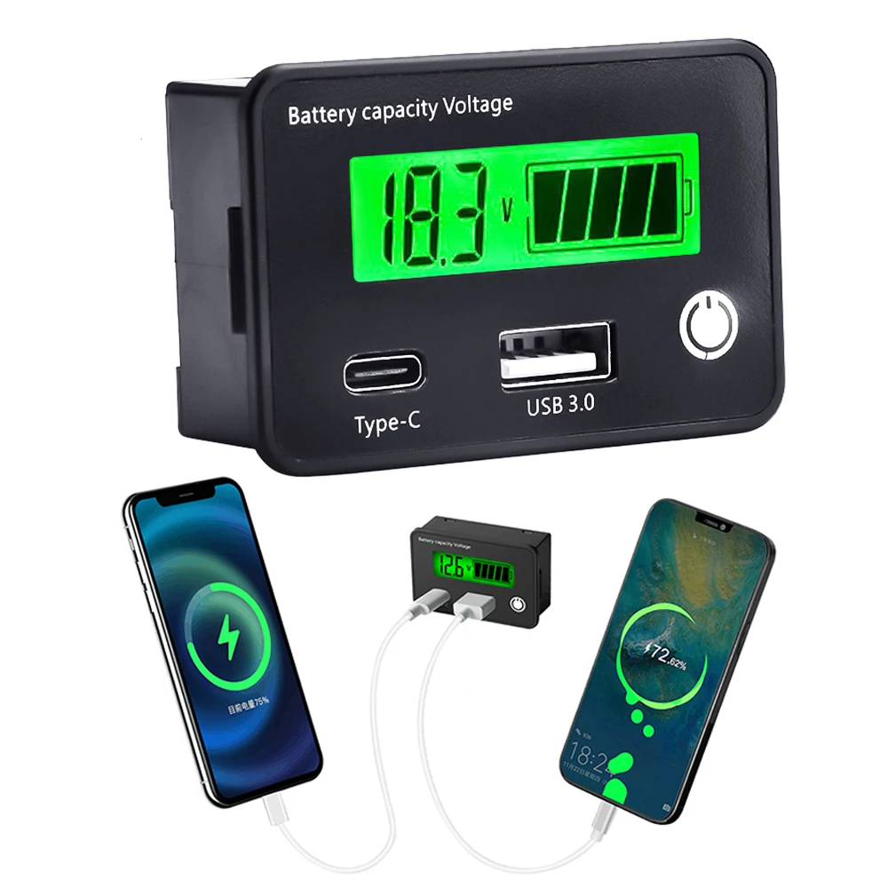 Indicador de capacidad de batería DC8-30V para plomo-ácido/hierro-litio/litio ternario con USB 3.0 y conector tipo C para coche y motocicleta
