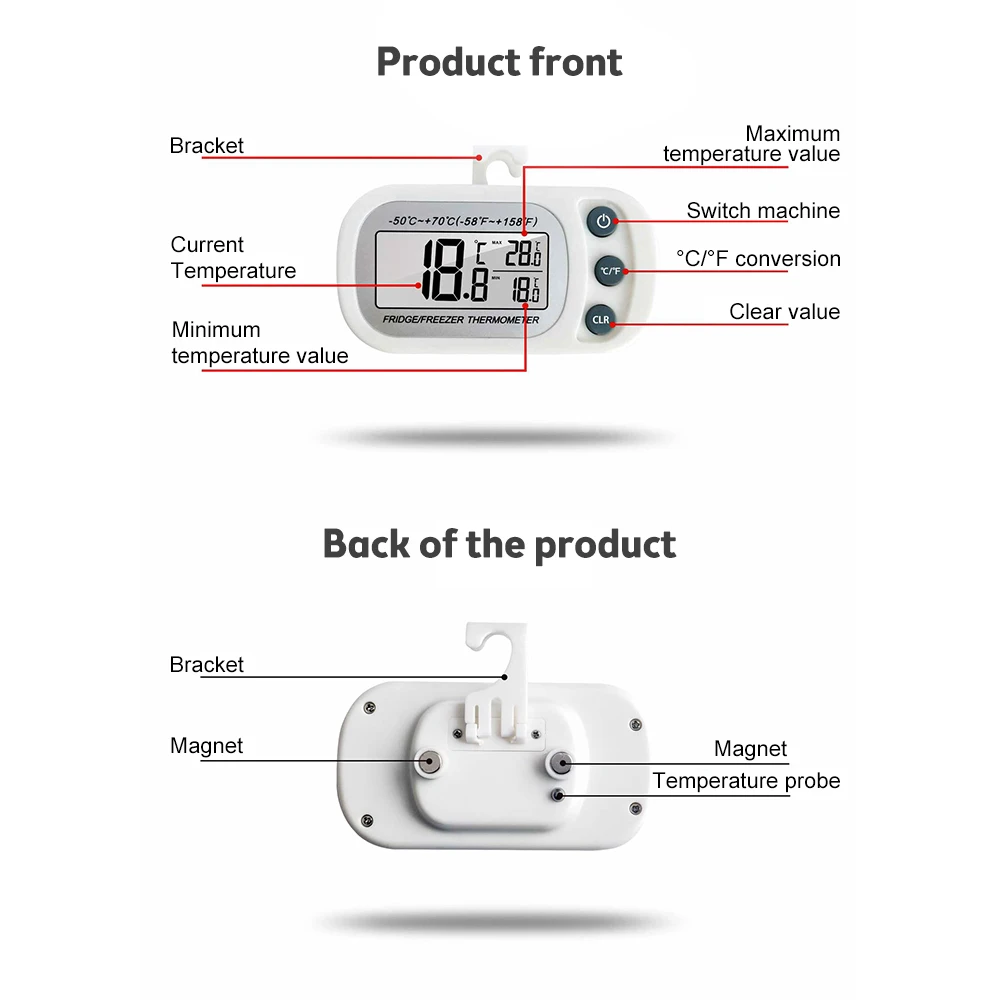 Fridge Thermometer With Hook Anti-Humidity Refrigerator Freezer Electric Digital Thermometer Temperature Monitor LCD Display - 画像 (4)
