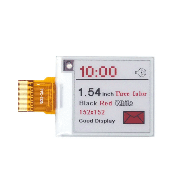 Módulo de pantalla de tinta electrónica tricolor de 1,54 pulgadas con interfaz SPI y pantalla de tinta electrónica de 152x152 píxeles.