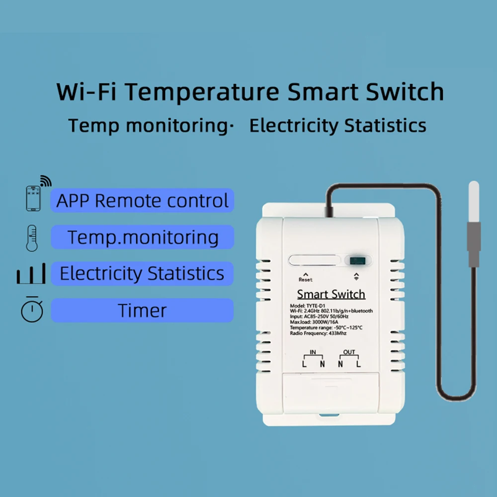 Tuya TH-16 Smart Wifi Switch 16A/3000W Monitoring Temperature Sensor RF433 remote Control Compatible with Alexa Google Home - Image 4