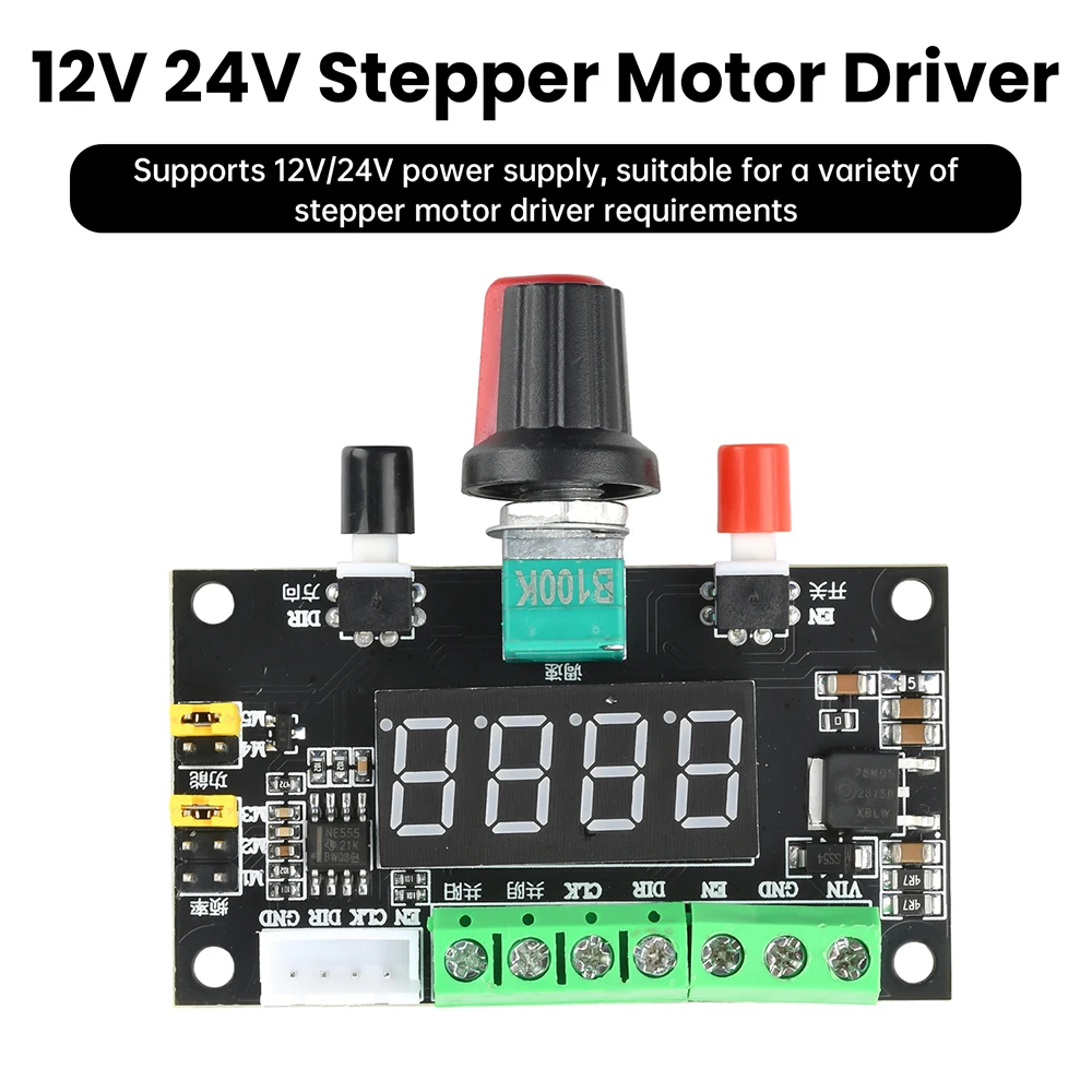 Controlador de motor paso a paso de 12V/24V con generador de señal de pulso PWM, rotación reversible y control de velocidad para automatización.