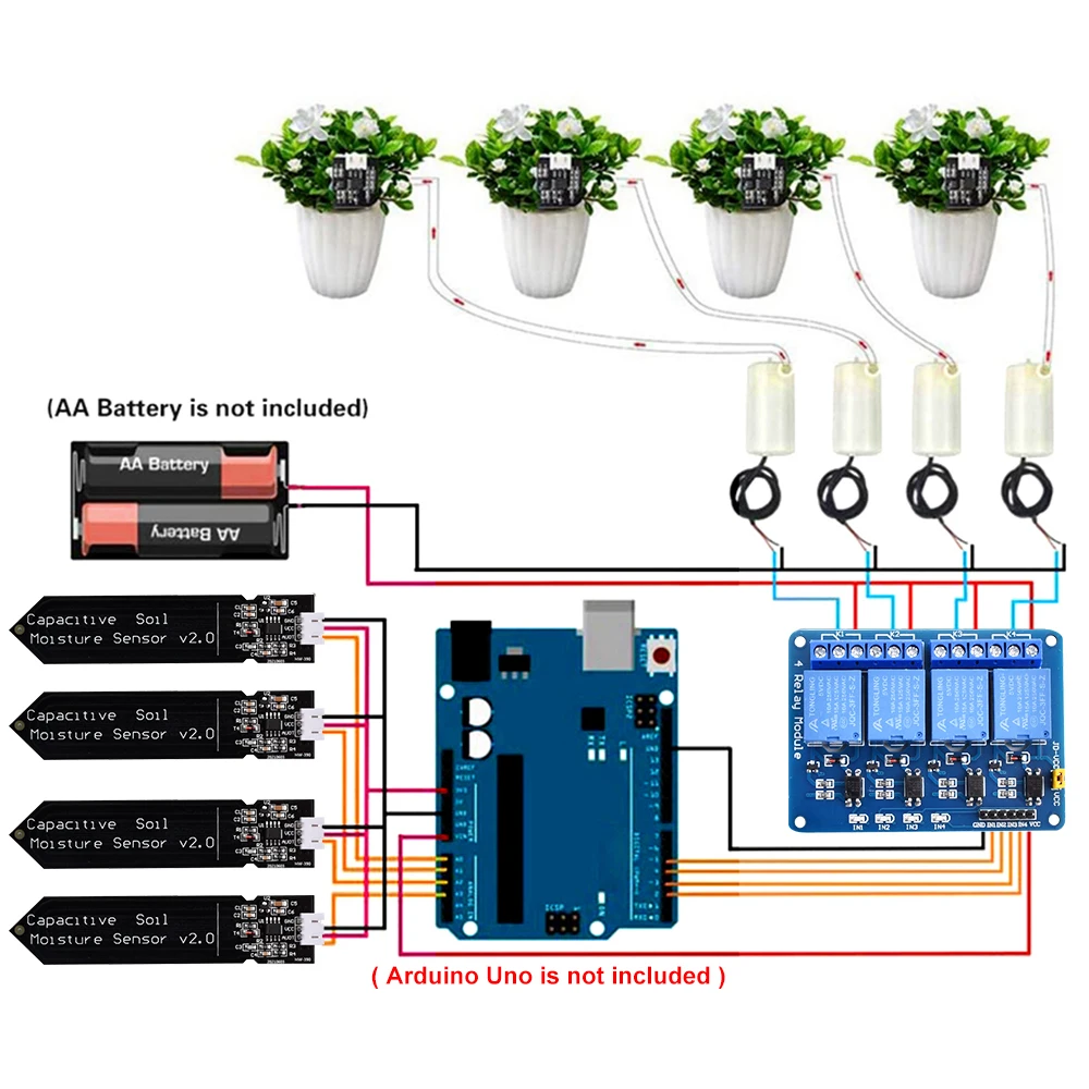 Sistema de riego automático de bricolaje, kit de autorriego para jardín, invernadero, bomba de agua para flores, sensor de humedad del suelo y módulo de relé.