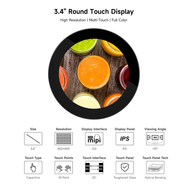 3.4inch DSI Round Touch Display for Raspberry Pi 5/4B/3B+/3A+, Toughened Glass. 800×800, 170° Viewing Angle