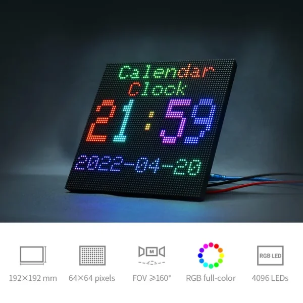 RGBフルカラーLEDマトリックスパネル（64×64ピクセル、3mmピッチ）は、テキスト、カラフルな画像、またはアニメーションの表示を可能にします。