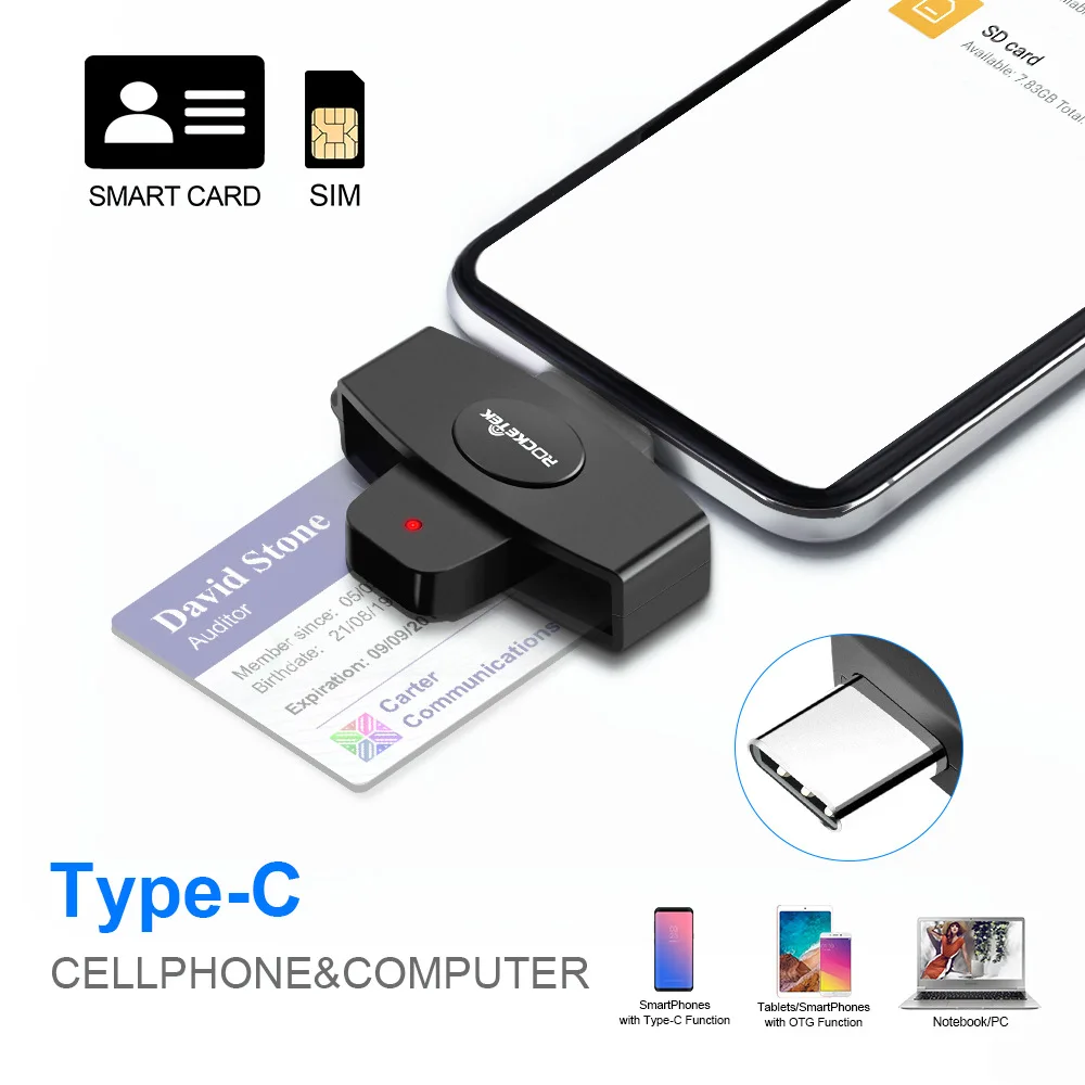 Lector de tarjetas inteligentes Rocketek CSCR3 CAC Tipo C, lector de tarjetas SIM/IC para declaración de impuestos bancarios y tarjetas de identificación.