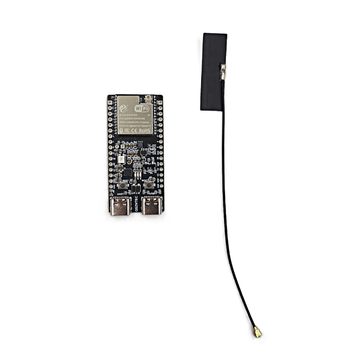 Placa de desarrollo ESP32-C5 con antena de doble banda (5 GHz y 2,4 GHz) para el receptor RID de drones. Módulo ESPC5-32E-N4 con antena externa