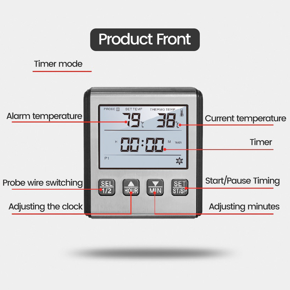 Digital Thermometer with Stainless Steel Probe Alarm Kitchen Meat Timer Temperature Meter Measurement for Oven BBQ Grill Cooking — reference image 10