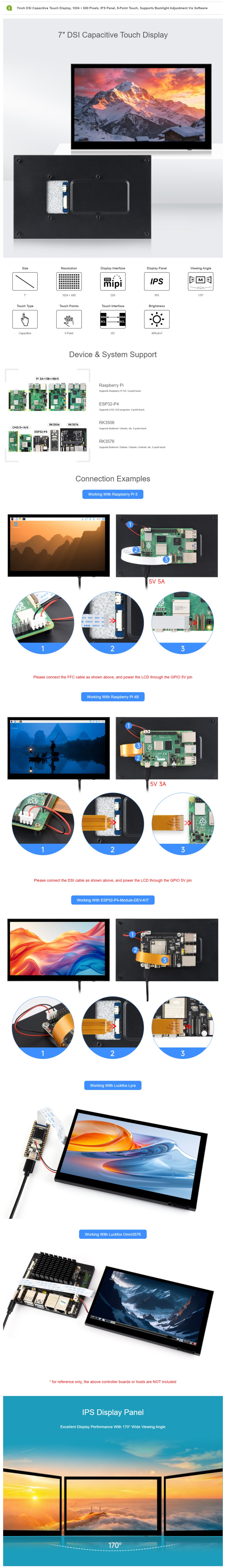 7inch DSI Capacitive Touch Display, Backlight Adjustment Via Software, 1024×600, IPS Panel for Raspberry Pi — reference image 1