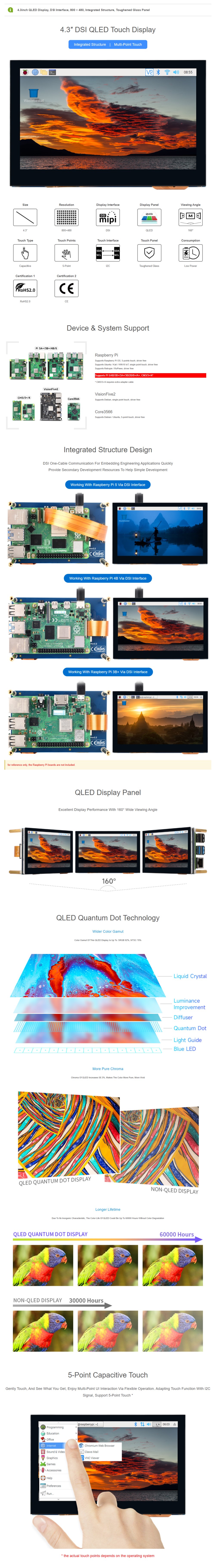 4.3inch QLED Display for Raspberry Pi/VisionFive2/Core3566, DSI Display, Multi-Point Touch — reference image 1