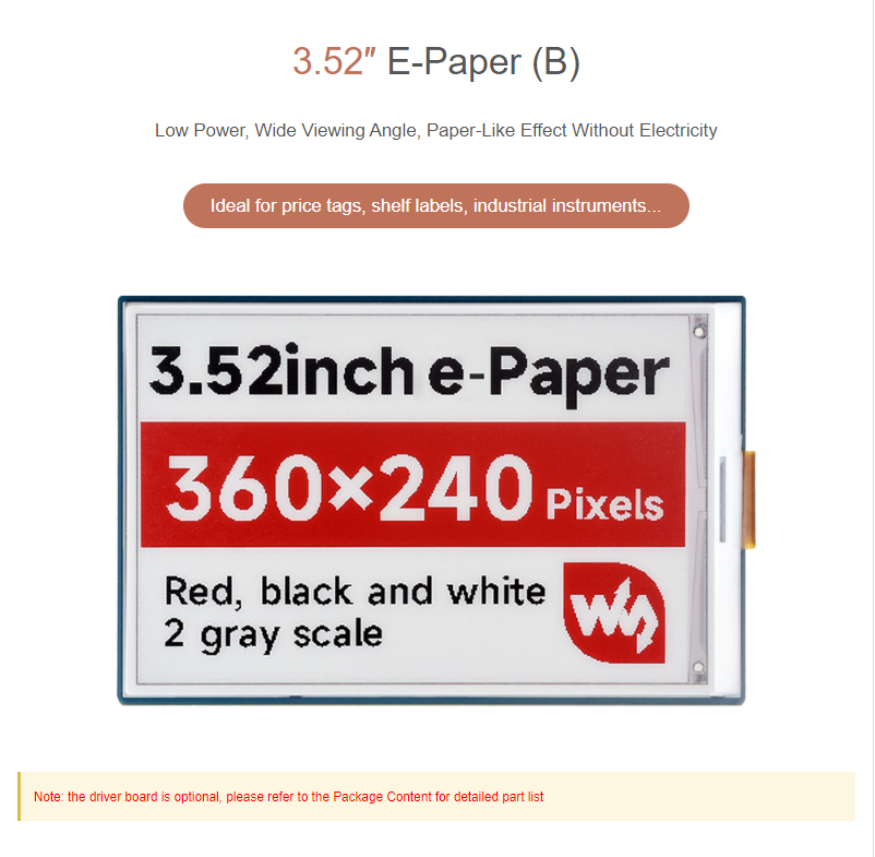 3.52 inch e-paper Display e-link red black and white support raspberry pi/STM32 paper screen 360×240 SPI Interface — reference image 3