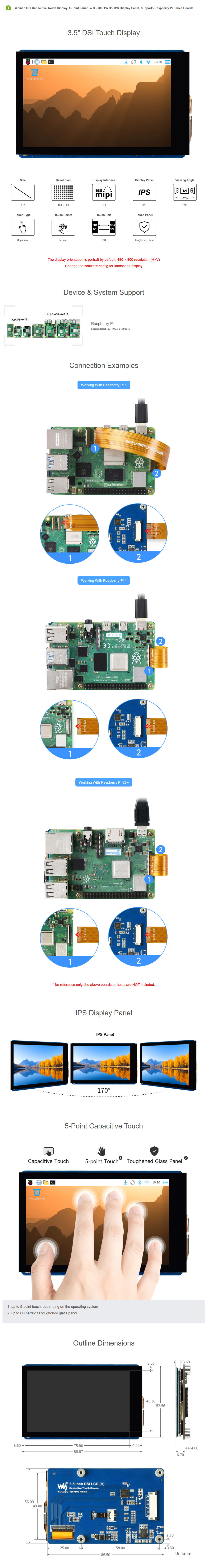3.5inch DSI Capacitive Touch Display for Raspberry Pi 5/4B/3B+/3A+/3B, 5-Point Touch, 480×800 IPS Display Panel — reference image 1
