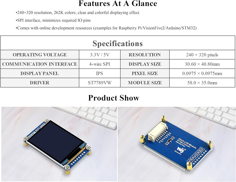 Waveshare 2inch 240×320 IPS LCD Module Mini LCD Screen ST7789VW Driver SPI Interface Compatible with Raspberry Pi/Ardu-ino/STM32 — reference image 2