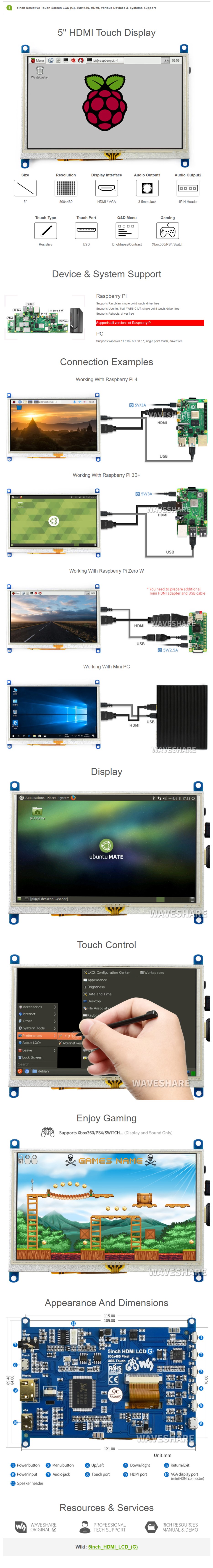 5inch Resistive Touch Screen LCD G 800×480 Display Computer Monitor Supports Raspberry Pi/BB Black/Banana Pi/Orange Pi — reference image 1