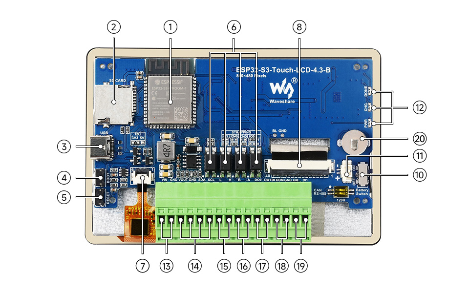 ESP32 S3 4.3 Inch LCD (B) 800×480 Captive Touch Screen Display LVGL Development Board WiFi BLE5 with Sensor CAN I2C RS485 — reference image 11