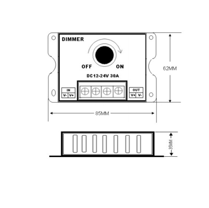 LED Light Strip Dimmer, DC 12V/24V 30A PWM Dimming Controller, Knob Adjust Brightness ON/Off Switch for Single Color LED Ligh — reference image 3