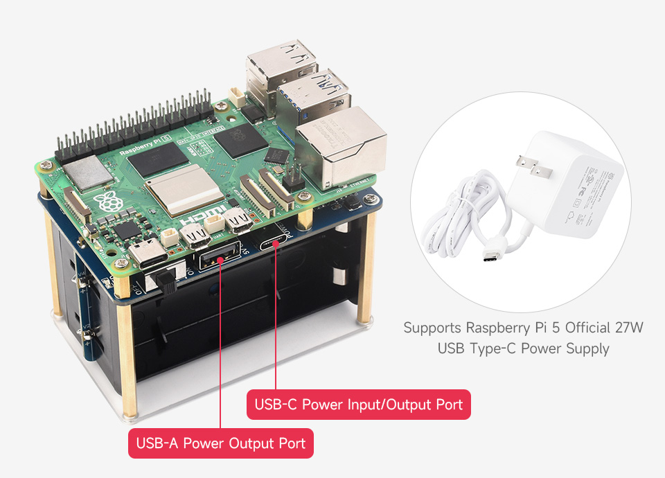 Waveshare UPS HAT (E) for Raspberry Pi, Supports 4×21700 Li batteries (NOT included), Bi-Directional Fast charging, Pogo Pins — reference image 3
