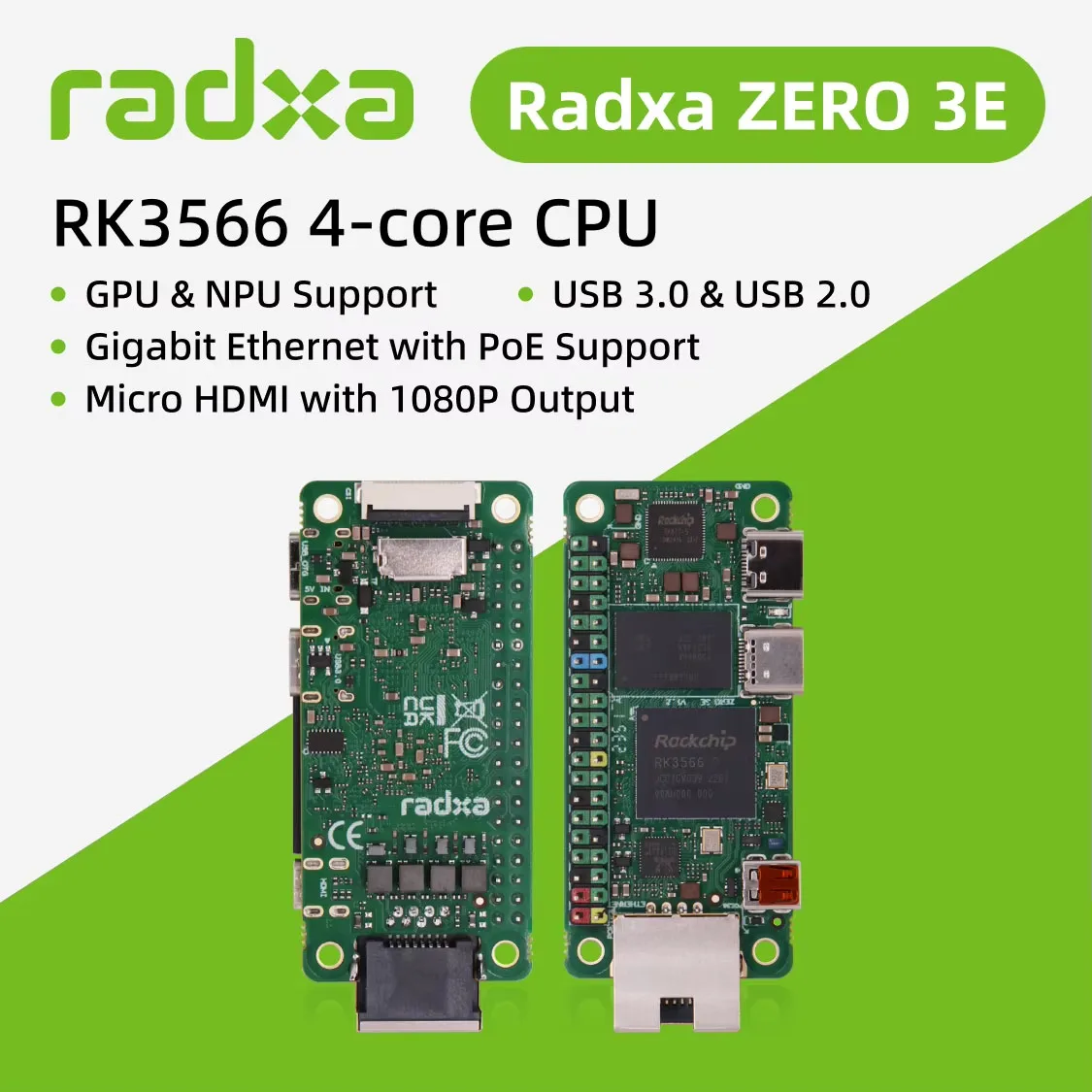 Radxa ZERO 3E RK3566 4-core CPU SBC, GPU, NPU, HDMI with 1080P Output, and Gigabit Ethernet, Single Board with Pin Header — reference image 1