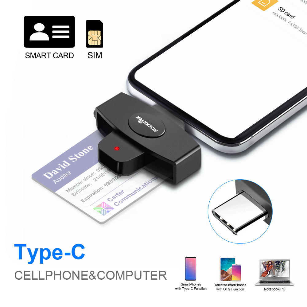 Rocketek CSCR3 Smart CAC Card Reader Type-c Bank Tax Declaration SIM Card/IC Card ID Card Reader — reference image 1