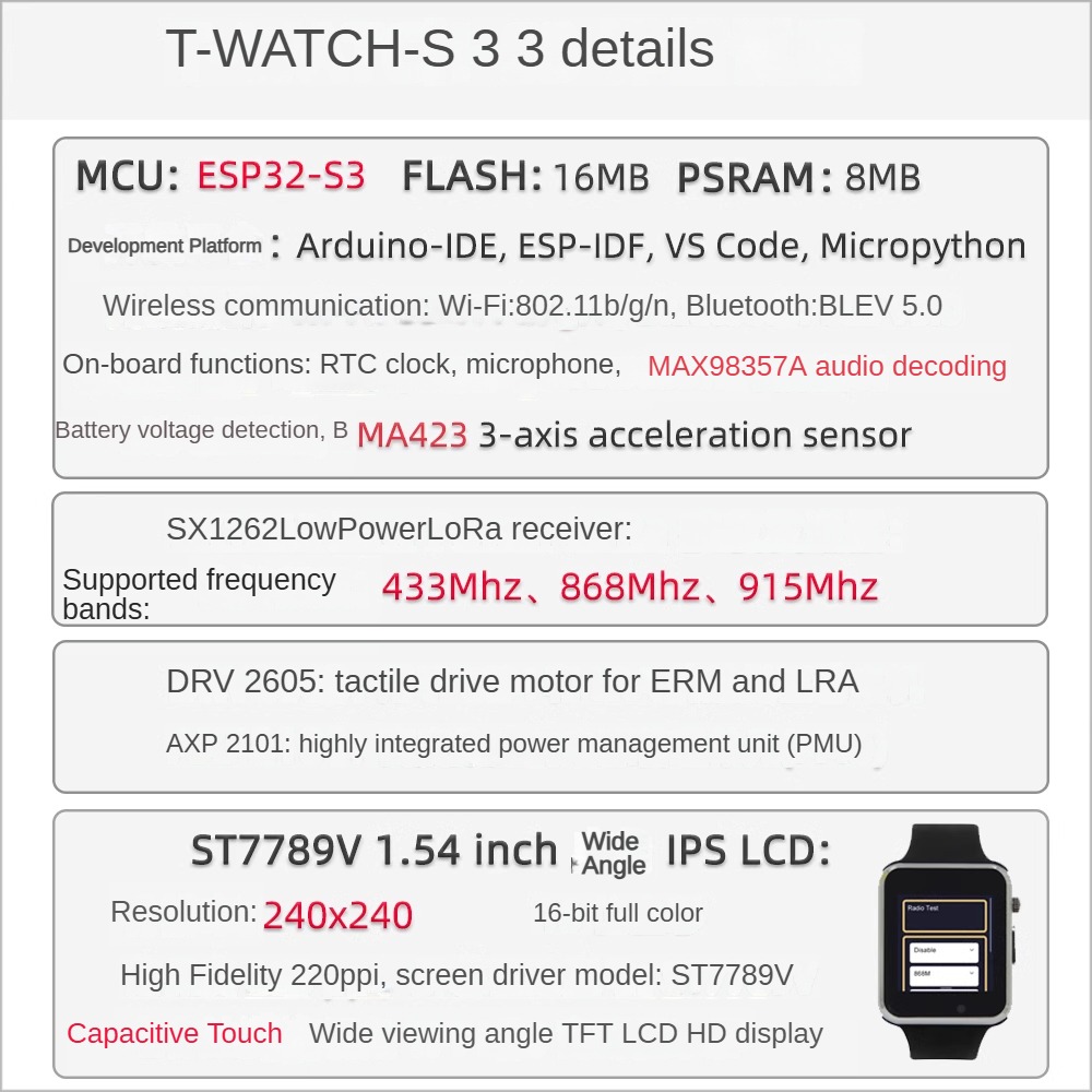 T-Watch-S3 ESP32-S3 Programmable LoRa WiFi Bluetooth PMU Touchable Watch — reference image 3