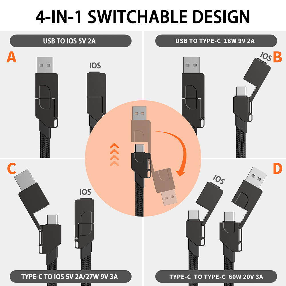 4 in 1 Multi Fast Charging Cable Keychain PD for iPhone Lightning 27W Andriod TYPE-C 60W QC 27W Fast Charging Data Cable Keychai — reference image 13