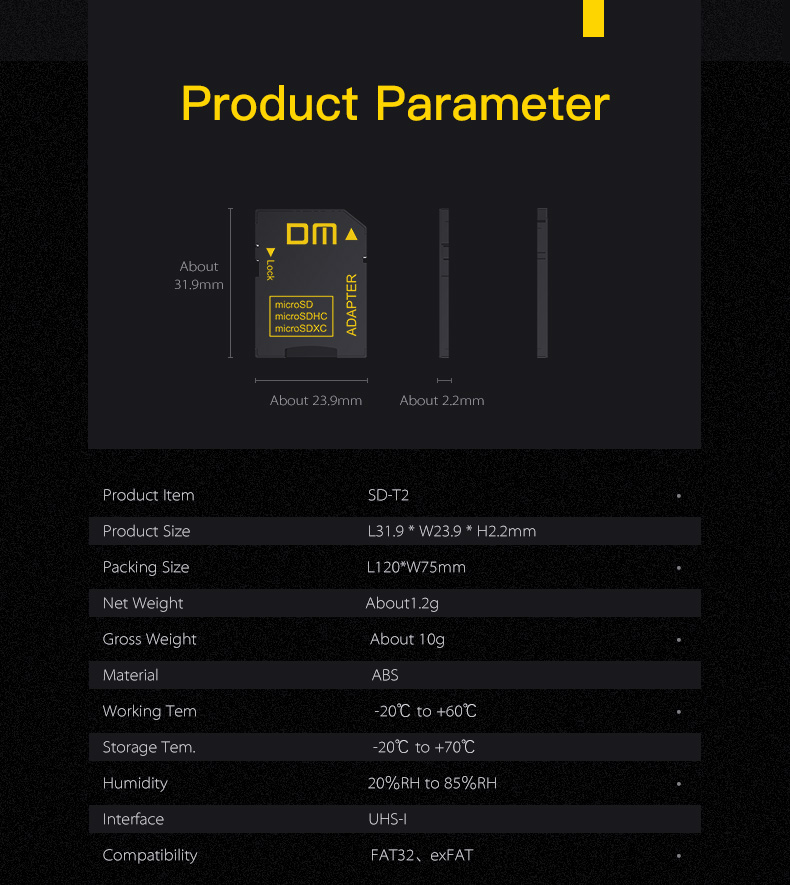 DM SD-T2 Memory Card Adapters SD2.0 comptabile with microSD microSDHC microSDXC suport max capacity to 2TB — reference image 6