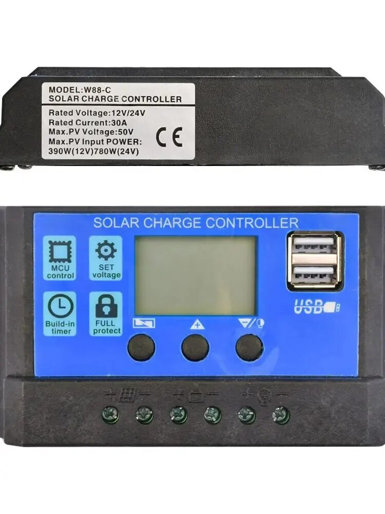 Solar Charge Controller 12V/24V PWM 10A 30A with Adjustable LCD Display Timer Setting — reference image 2