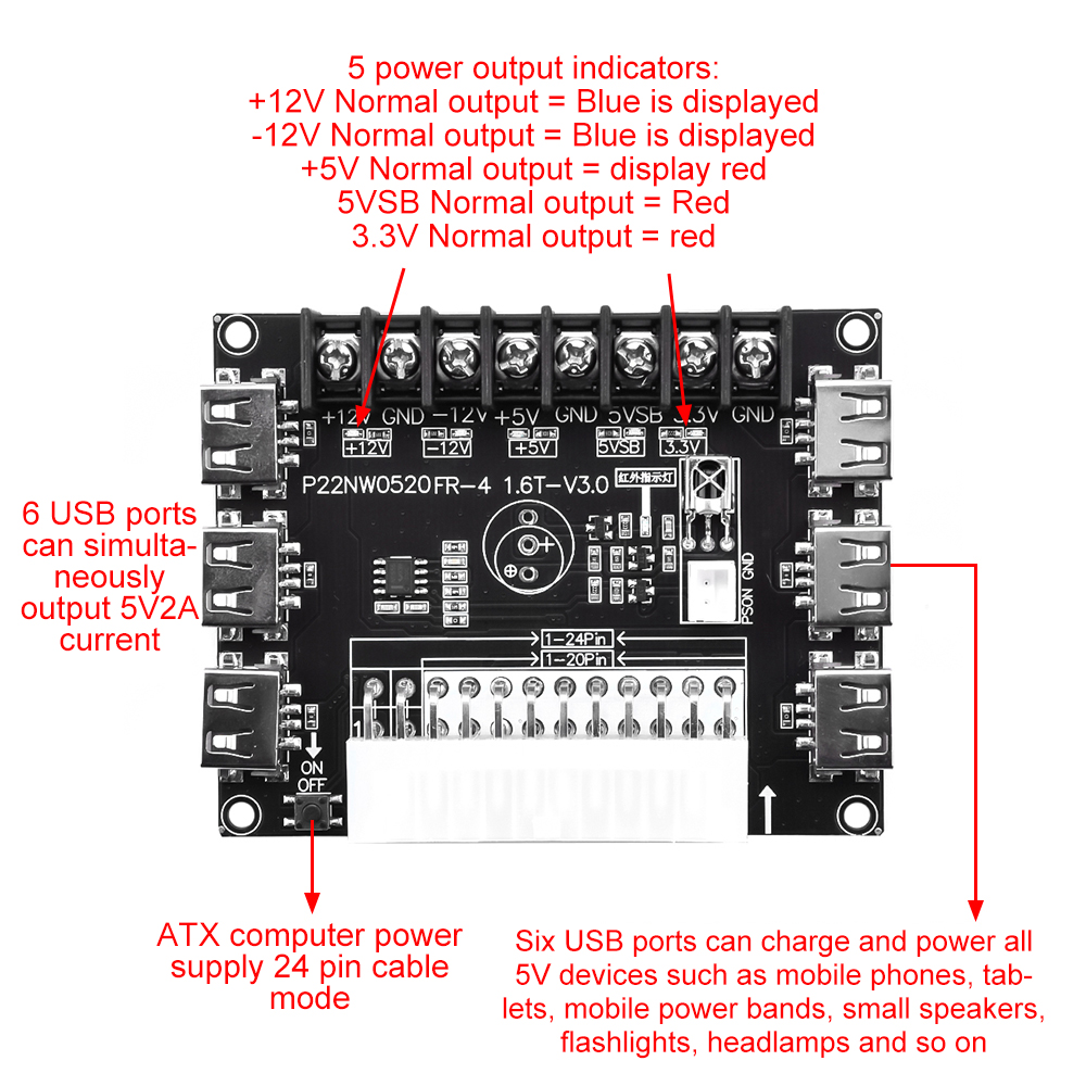 24 Pins ATX Power Supply Breakout Board and Acrylic Case Kit Module Adapter Power Connector Support 12V -12V 5V 5VSB 3.3V — reference image 7