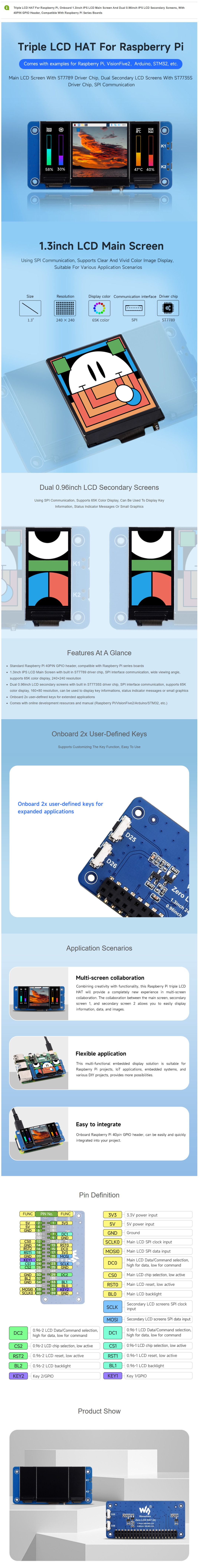 Triple LCD HAT For Raspberry Pi, Onboard 1.3inch IPS LCD Main Screen and Dual 0.96inch IPS LCD Secondary Screens — reference image 1